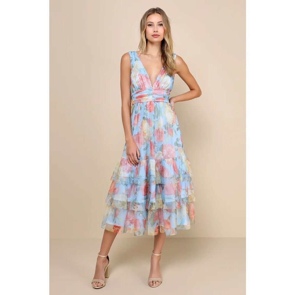 Lulus Perfectly Divine Blue Floral Tulle Tiered Ruffled Midi Dress M NWT